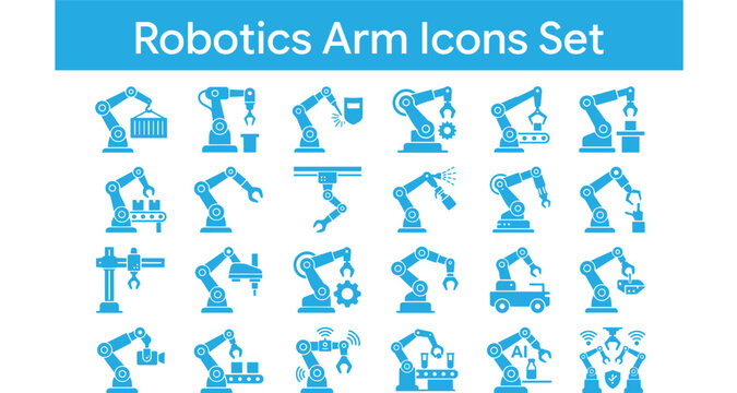robotic arm icons, industrial automation icons, cobot icon set, scara robot icon, delta robot icon, gantry robot icon, 6 axis robot arm, pick and place robot, industrial robot vector, automation facto
