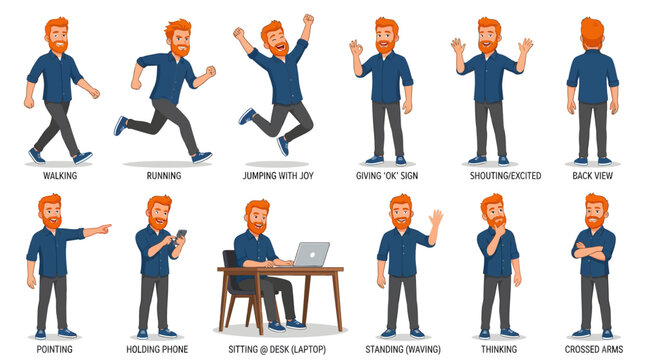 Professional vector character sheet of a red-haired man with a beard, showing various business and lifestyle poses.