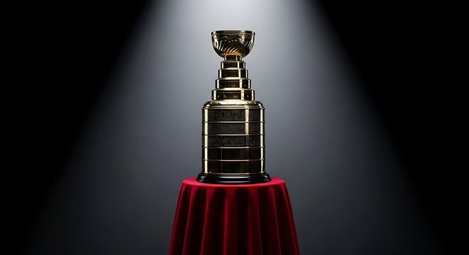 Golden Ice Hockey Stanley Cup Trophy on Red Velvet Stand