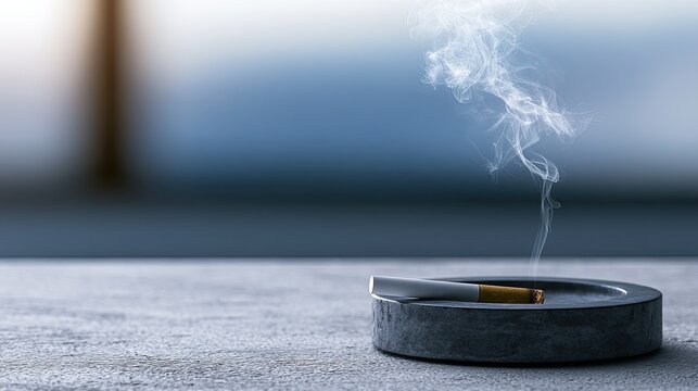 A lit cigarette smolders, releasing a wispy trail of smoke into the air
