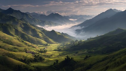 Fototapeta premium Terraced Valley Dawn: Captivating Mountainous Landscape with Rice Terraces, Gentle Mist, and Golden Sunrise Illuminating the Verdant Fields in Vietnam