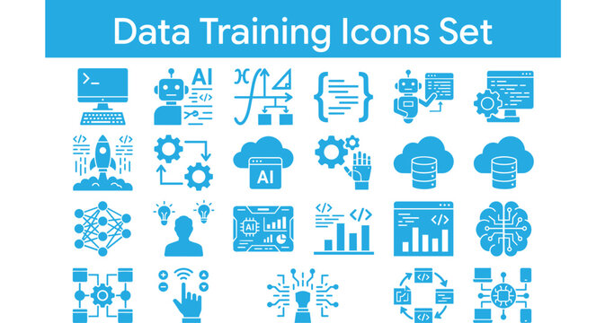 data training icons set, ai icons vector, machine learning icons, neural network icons, dataset icons, data annotation icon, ai model training icon, data pipeline icon, analytics icons set, big data i