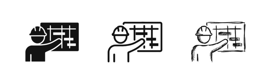 Architect or Project Manager with Construction Plan Icon Set - Solid, Line, and Sketch Styles
