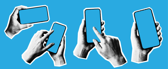 Hands Holding Smartphones with Blue Blank Screens - Black and White Collage Style on Blue Background © дима селиванов