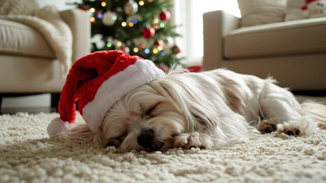 Cute Shih Tzu dog wearing a Santa Claus hat resting peacefully on a soft carpet with Christmas tree background