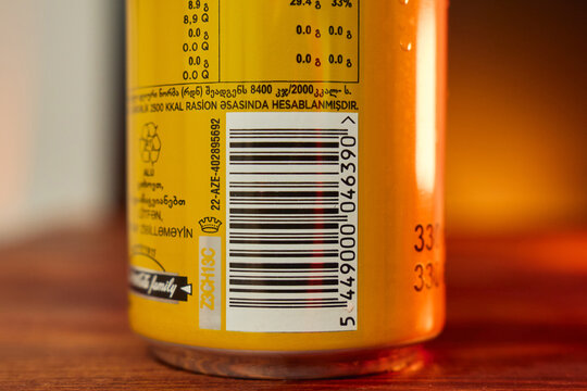 Tyumen, Russia-April 20, 2026: Close-up of a barcode and nutritional facts on a beverage can