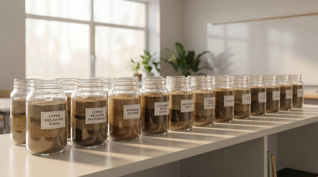 World Environment Day school installation of a river sediment collection, glass jars lined on a classroom shelf labeled with watershed sampl 2