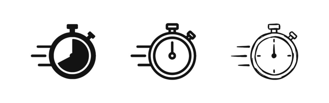 Fast Stopwatch Timer Icon Set - Speed and Performance Concept in Solid, Outline, and Sketch Styles
