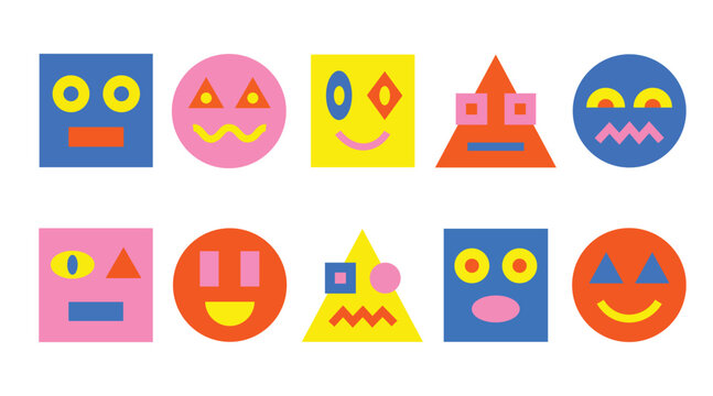 Minimalist Geometric Shapes Character Set with Fun Facial Expressions - Creative Vector Illustration of Square, Circle, and Triangle Faces with Different Emotions Isolated on White Background
