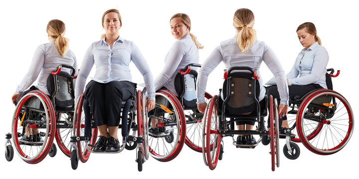 Portraits einer jungen Frau als Rollstuhlnutzerin bei der Arbeit