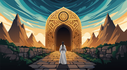 A person in white robe stands before a grand, ornate golden doorway in an epic fantasy landscape illustration, vector art © Purnomo