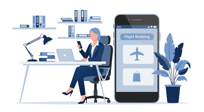 A woman using a laptop and mobile phone for flight booking, a detailed vector illustration showcasing modern travel planning on a clean background
