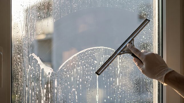 Close-up of a gloved hand using a squeegee to expertly clean a soapy window pane