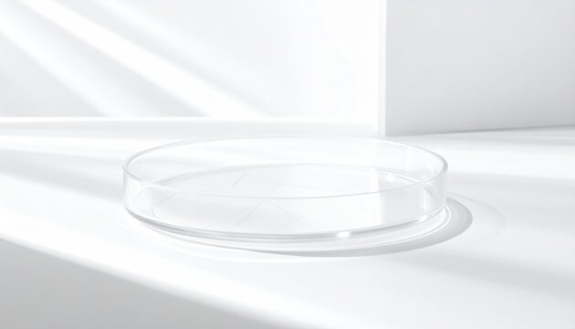 Clear plastic petri dish with geometric grid lines on white laboratory surface. Scientific research equipment for clinical testing, microbiological analysis, and cell culture in wide format.