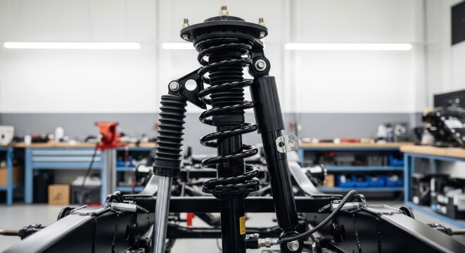Close-up of a cars suspension system in a workshop setting.