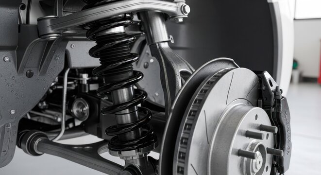 Close-up of a Car Suspension System with Disc Brake Assembly.