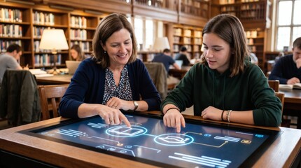 Fototapeta premium A woman and a young girl interact with a large, interactive digital display table in a library setting.
