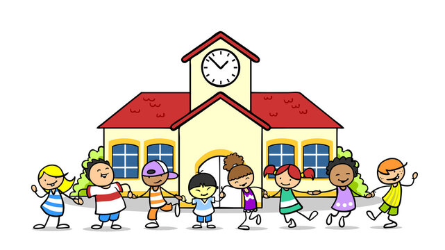 Gruppe Cartoon Kinder stehen vor Kirche vor Gottesdienst