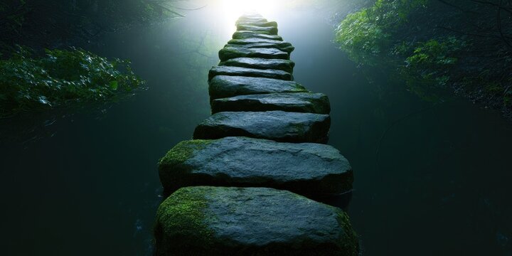 Stacked mossy stones form a path across dark water toward a bright, misty forest glow