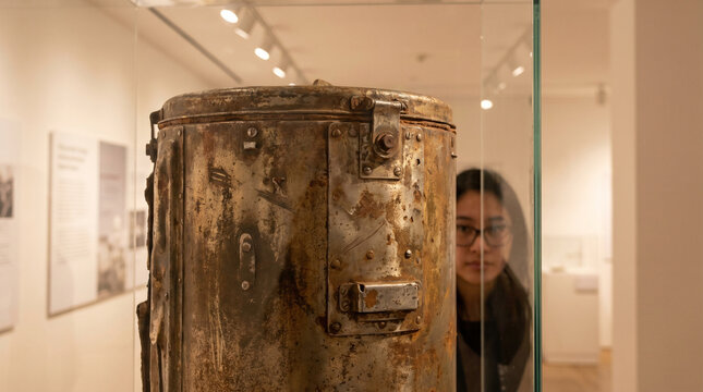 Space archaeology exhibit in a science museum, a recovered Vostok-era parachute canister displayed in a climate-controlled case, soft spotli 3