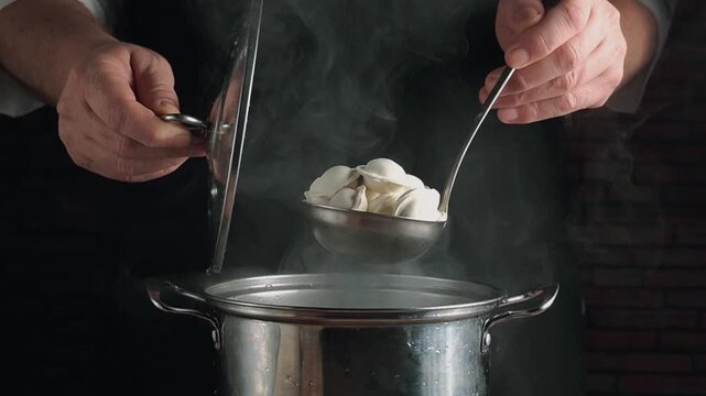 Chef lifts lid from pot, revealing steaming dumplings in ladle, showcasing the cooking process in a cozy kitchen setting with brick wall