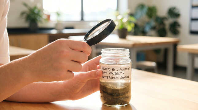 World Environment Day school installation of a river sediment collection, glass jars lined on a classroom shelf labeled with watershed sampl 3