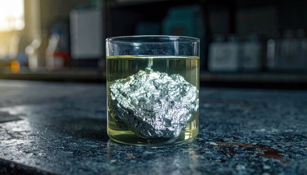 Chunk of Raw Sodium Metal Stored Under Oil in a Clear Glass Container