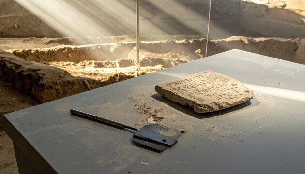 Ancient cuneiform clay tablet with early impressions and excavation tools displayed with dramatic light beams