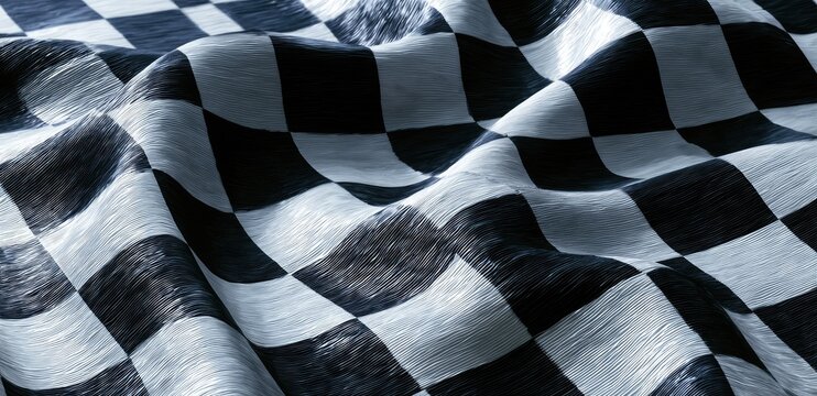 Close-up, textured view of a black and white checkered flag waving gently