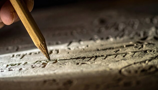 Close-up perspective of a wooden stylus carving fresh cuneiform marks into an ancient clay tablet, representing historical writing.