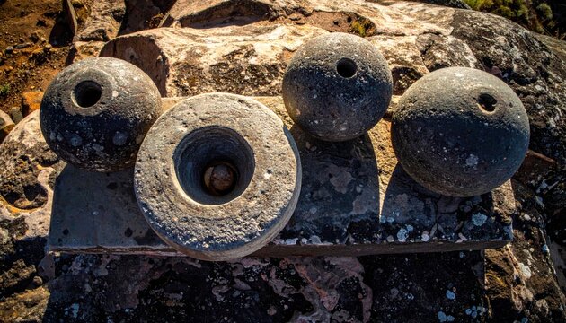 Ancient Heavy Spherical Stone Grinding Implements Showing Signs of Use on Textured Surface