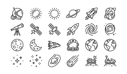Astronaut profession outline icon collection with space ship planet and telescope vector symbols © Md