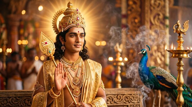 Lord murugan adorned in golden crown and jewelry celebrating subrahmanya sashti festival