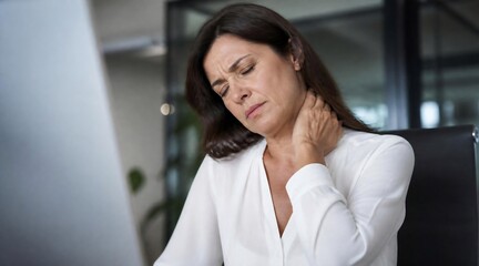 Obraz premium Middle-Aged Businesswoman Feeling Neck Pain and Tension at Office Desk