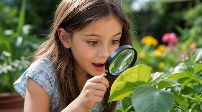 Little girl using magnifying glass to study nature in a summer garden.