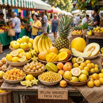 BANANAS, MANGO, LEMON, PINEAPPLE, YELLOW APPLE, YELLOW BERRIES, YELLOW MELON, YELLOW GUAVA in 2d vector in market place