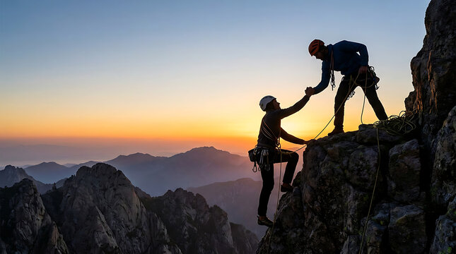 Two male climbers helping each other on a mountain cliff at sunset with a scenic view