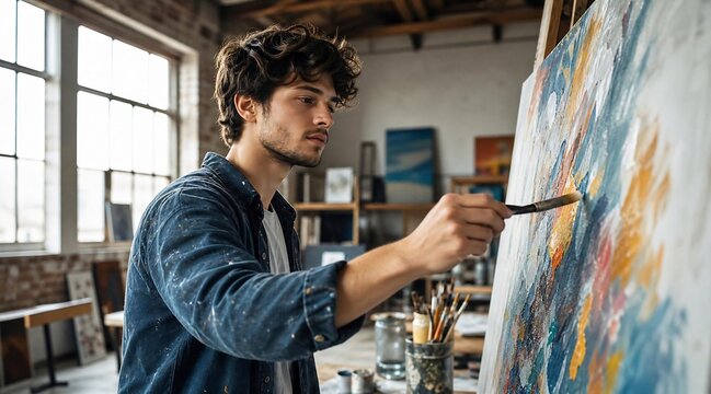 Focused Young Male Artist Painting on Canvas in Bright Art Studio