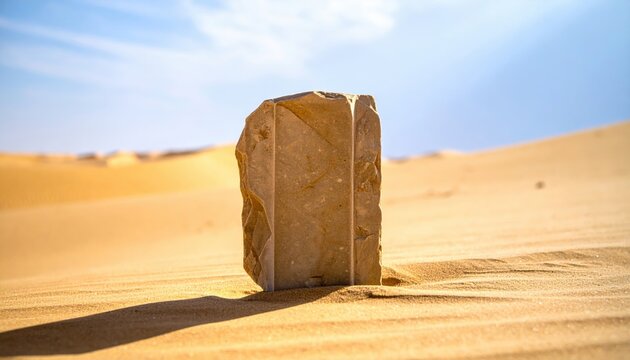 A massive rectangular stone slab stands upright in the vast golden dunes of a sunlit desert landscape, creating a cinematic and timeless composition perfect for conceptual advertising backdrops.