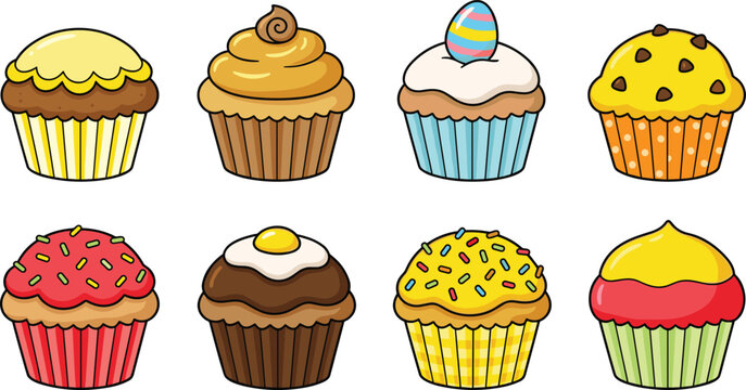 cute colorful cupcake collection with sweet frosting sprinkles and bakery dessert designs for cartoon vector illustration.