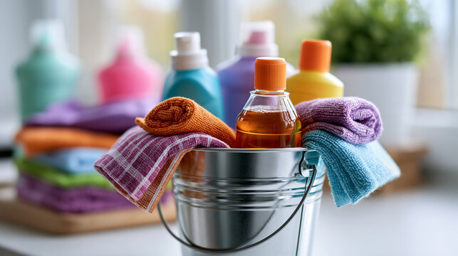 Macro close up of a softly defocused bucket filled with neatly arranged colorful detergent bottles and cleaning cloths against a bright clean pastel backdrop cleaning bucket