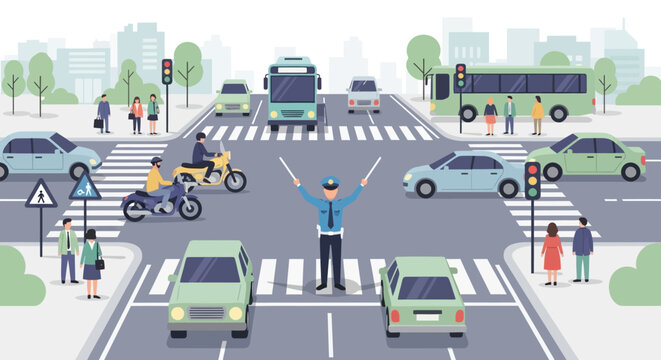 Busy city intersection scene with traffic, vehicles, and a traffic controller.