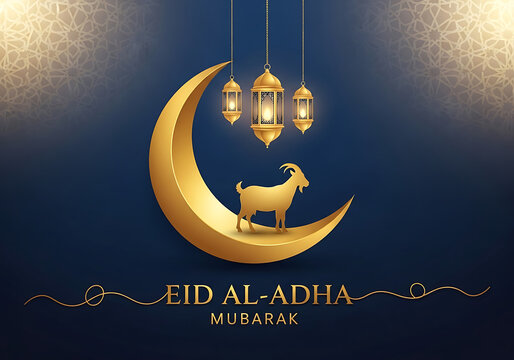 Eid al-Adha Mubarak Greeting Card with Golden Crescent Moon and Goat Silhouette.
