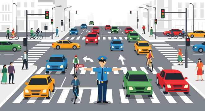 Busy City Street Scene: Cars, Traffic Lights, and a Policeman Directing Flow