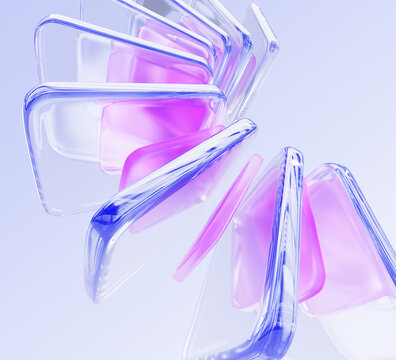 Hologram liquid glass wave effect of transparent square and rectangle shapes. Dynamic curve flow of crystal blocks on light blue 3d background. Abstract geometric pattern, wallpaper. 3D illustration