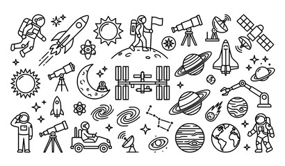 Creative astronaut outline vector icon set with modern space and astronomy symbols © Md