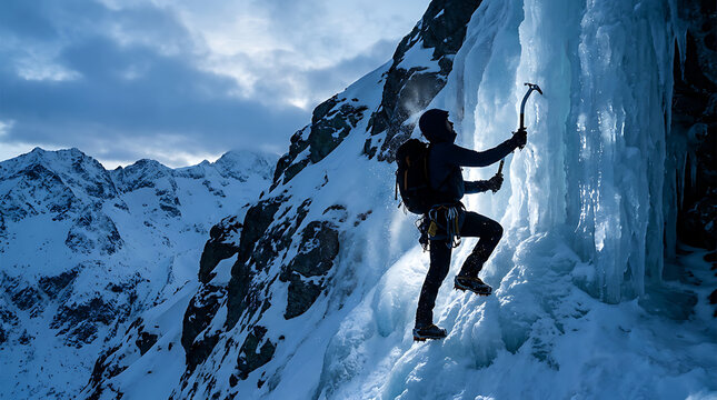 Silhouette of adventurous man climbing icy frozen waterfall with pickaxe on snowy mountain slope with rugged terrain and cloudy sky