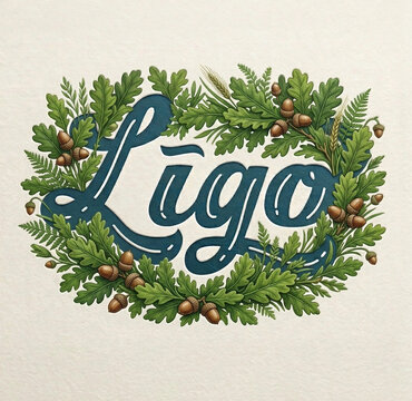 Ligo Summer Solstice Typography with Traditional Oak Leaf Wreath, Green Leaves, Acorns and Fern Branches on Paper Background, Baltic Midsummer Jani Celebration Folk Art Decorative Frame Design