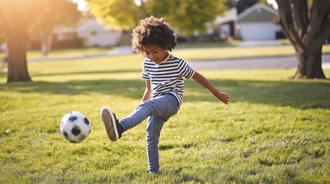 Child kicking soccer ball on grassy field at sunset in suburban park.