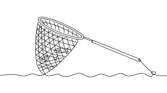 line drawing of fishing net catching fish in water